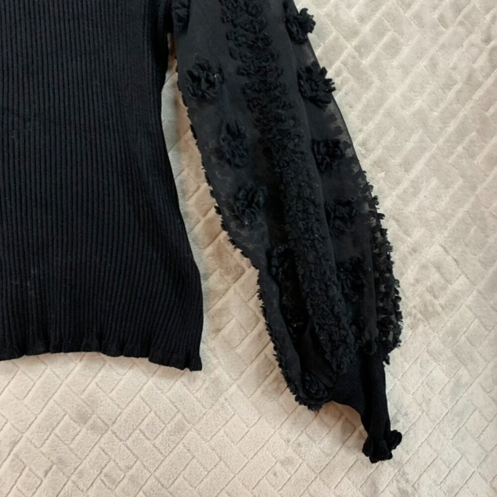 Almost Famous Womens S Sweater Black Ribbed Sheer Long Puff Sleeve Cabin Cottage - Picture 4 of 16